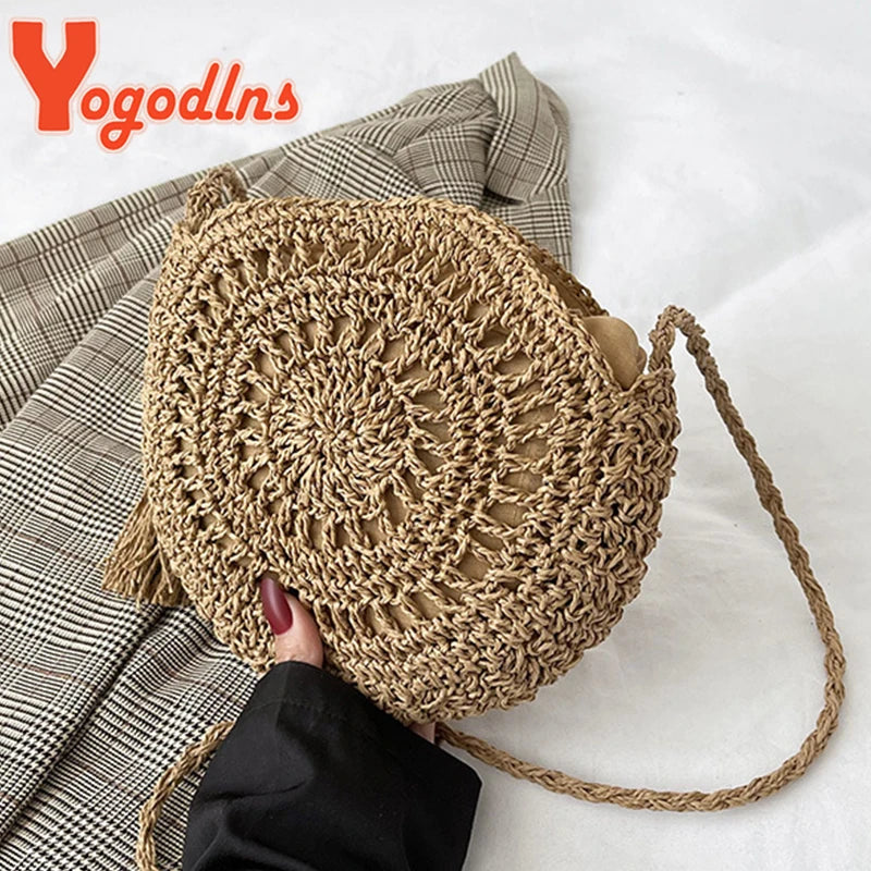 Summer Straw Tassel Shoulder Bag Rattan Beach Travel Crossbody Bag
