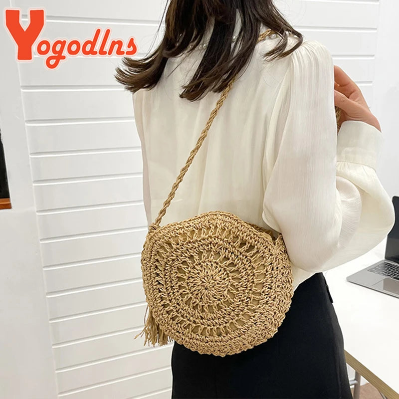 Summer Straw Tassel Shoulder Bag Rattan Beach Travel Crossbody Bag