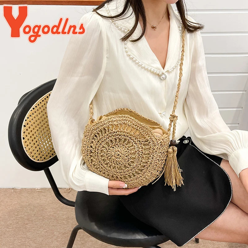 Summer Straw Tassel Shoulder Bag Rattan Beach Travel Crossbody Bag