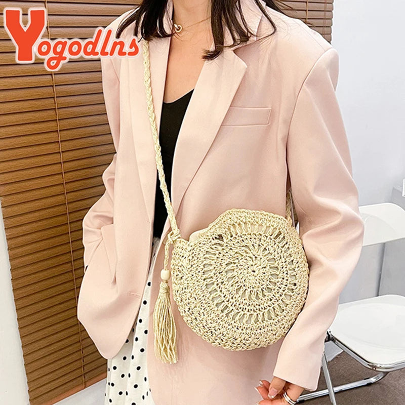 Summer Straw Tassel Shoulder Bag Rattan Beach Travel Crossbody Bag