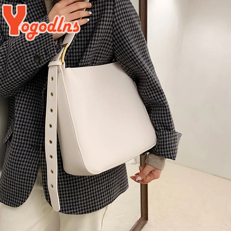 Vintage PU Leather Bucket Bag Large Capacity Handbag for Women