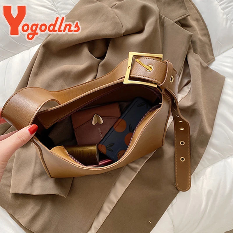 Vintage PU Leather Bucket Bag Large Capacity Handbag for Women