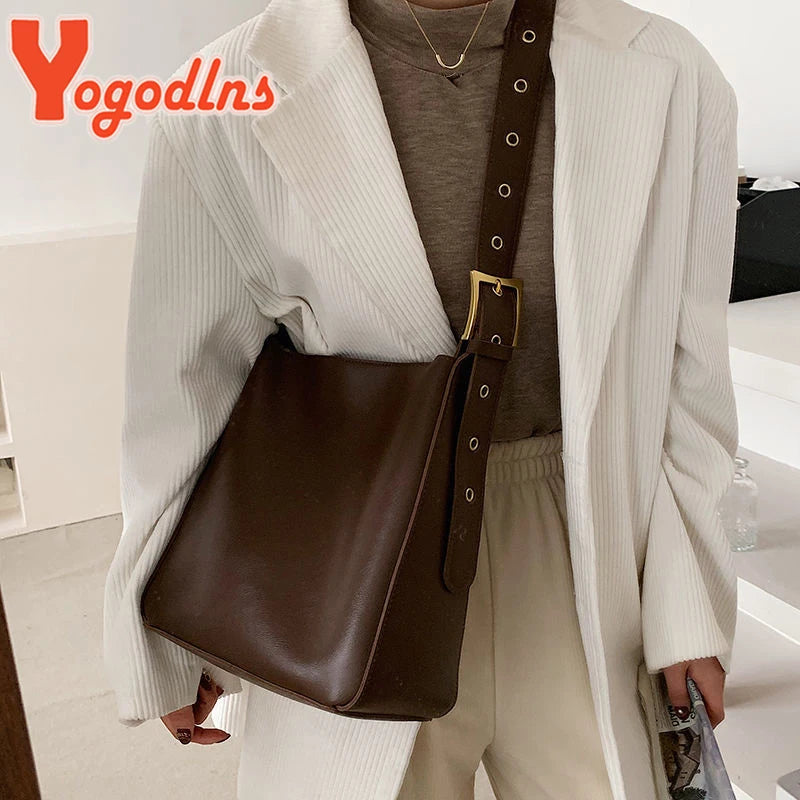 Vintage PU Leather Bucket Bag Large Capacity Handbag for Women