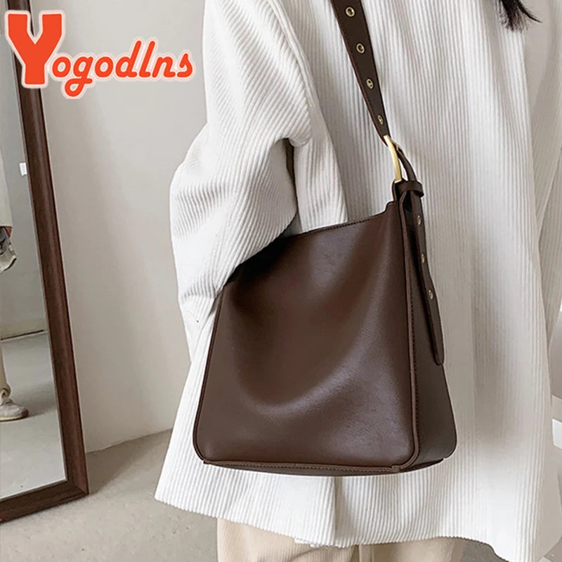 Vintage PU Leather Bucket Bag Large Capacity Handbag for Women