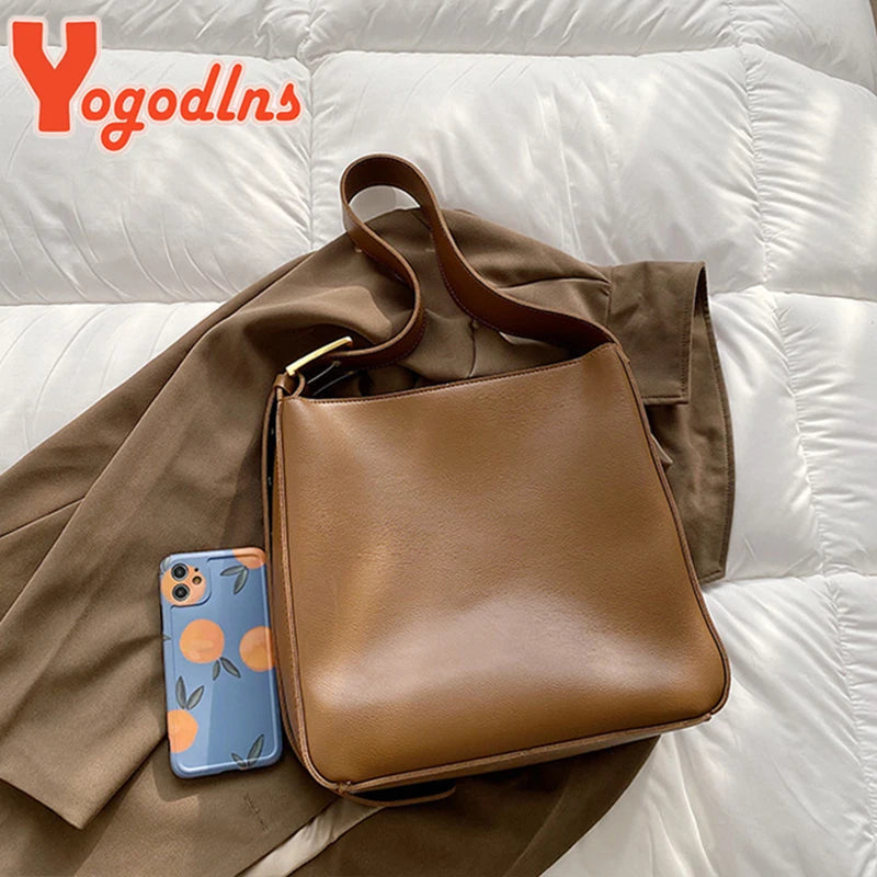Vintage PU Leather Bucket Bag Large Capacity Handbag for Women