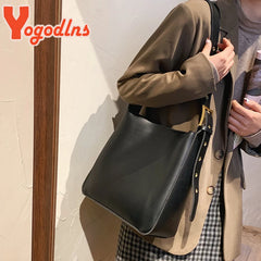 Vintage PU Leather Bucket Bag Large Capacity Handbag for Women