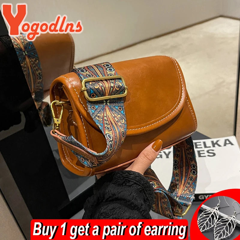 Vintage Flap Shoulder Bag Wide Strap Messenger Crossbody Lady Shopping Tote