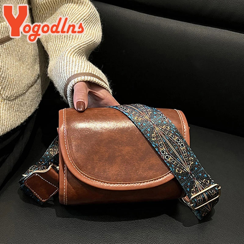 Vintage Flap Shoulder Bag Wide Strap Messenger Crossbody Lady Shopping Tote