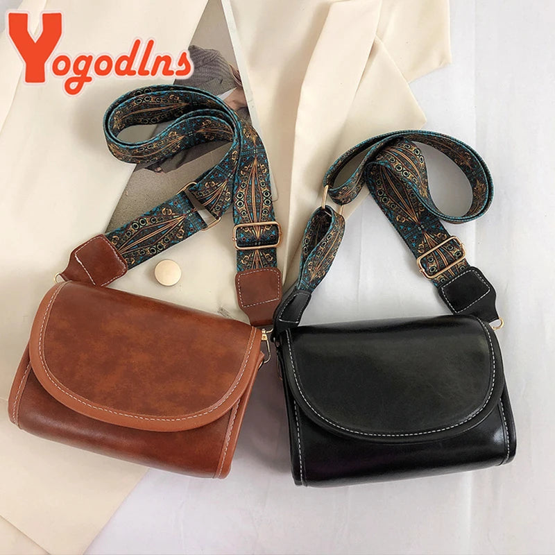 Vintage Flap Shoulder Bag Wide Strap Messenger Crossbody Lady Shopping Tote