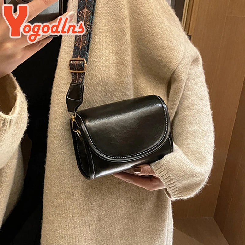 Vintage Flap Shoulder Bag Wide Strap Messenger Crossbody Lady Shopping Tote