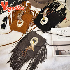 Vintage Leather Shoulder Bag Women Tassel Crossbody Bag
