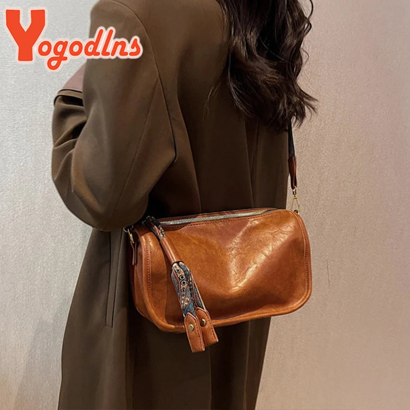 Vintage PU Leather Shoulder Bag for Women Crossbody Messenger Tote Purse