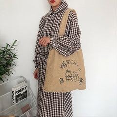 Women Lamb Wool Bear Like Fabric Embroidery Book Shoulder Bags