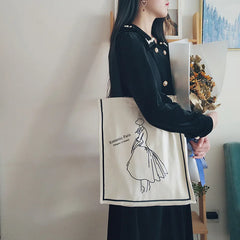 Canvas Cotton Print Zipper Shopping Bags Girls Casual Handbag