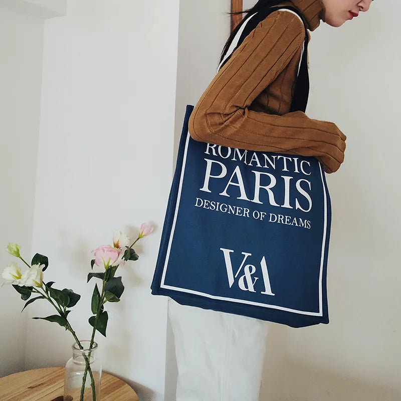 Canvas Cotton Print Zipper Shopping Bags Girls Casual Handbag