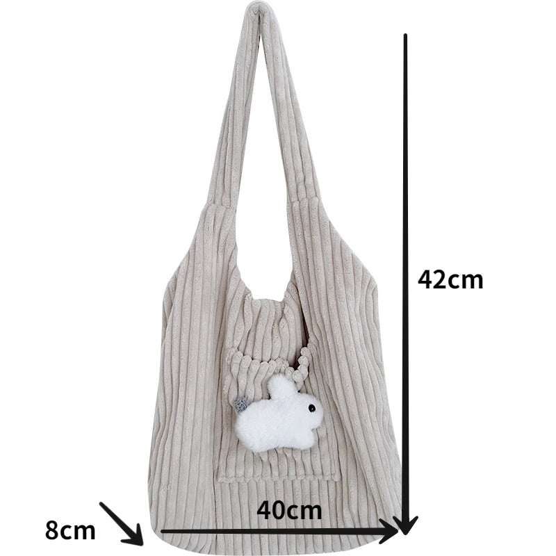Corduroy Shoulder Bag Bunny Pattern Plush Large Capacity Tote Bag