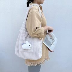 Corduroy Shoulder Bag Bunny Pattern Plush Large Capacity Tote Bag