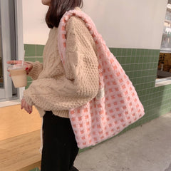 Flower Waffle Grid Pattern Shoulder Bag Casual Large Capacity Tote Bag
