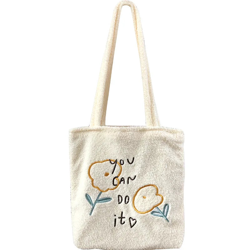 Plush Shoulder Bag Flower Embroidery Handbag Casual Tote Bags
