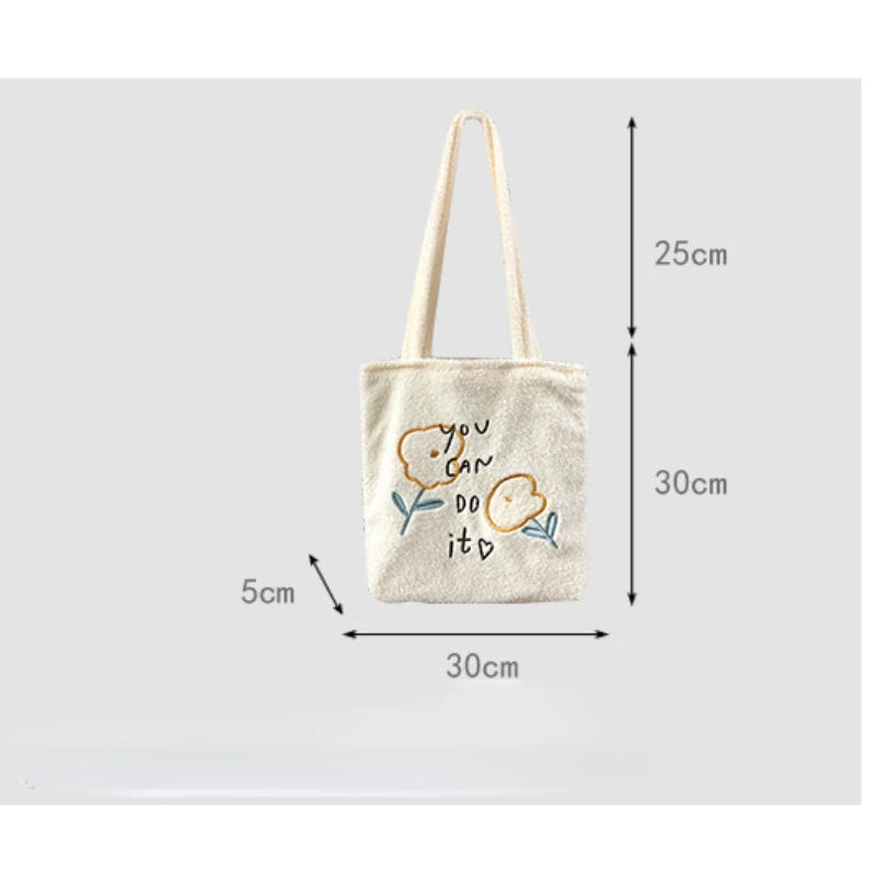 Plush Shoulder Bag Flower Embroidery Handbag Casual Tote Bags
