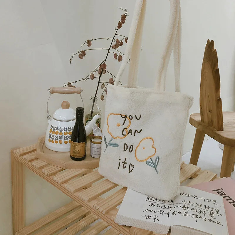 Plush Shoulder Bag Flower Embroidery Handbag Casual Tote Bags