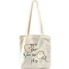 Plush Shoulder Bag Flower Embroidery Handbag Casual Tote Bags