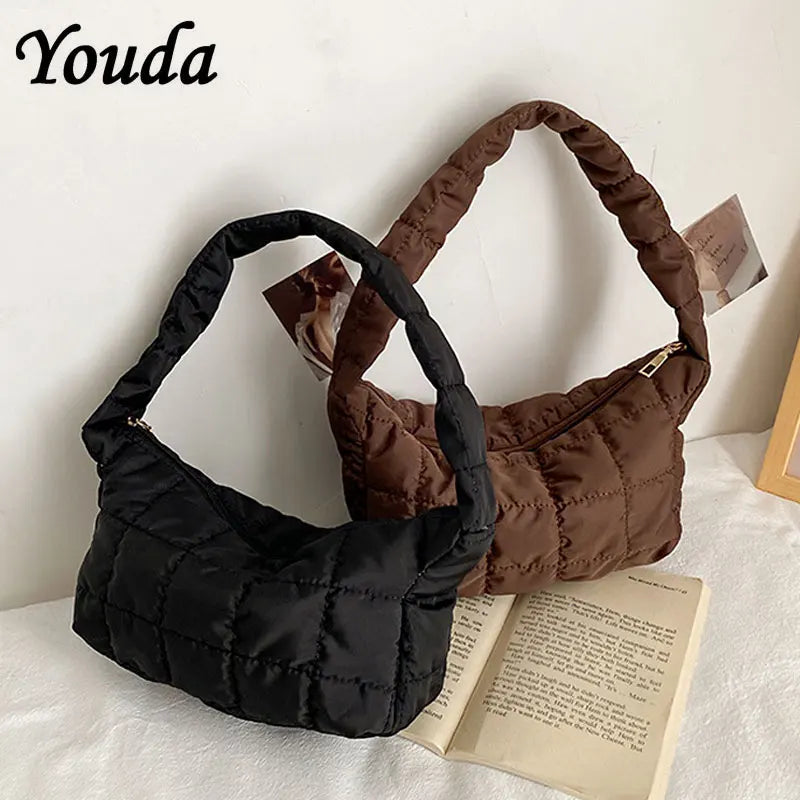 Lattice Pattern Shoulder Bags Space Cotton Handbag Women Small Fluffy Tote Pack