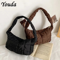 Lattice Pattern Shoulder Bags Space Cotton Handbag Women Small Fluffy Tote Pack