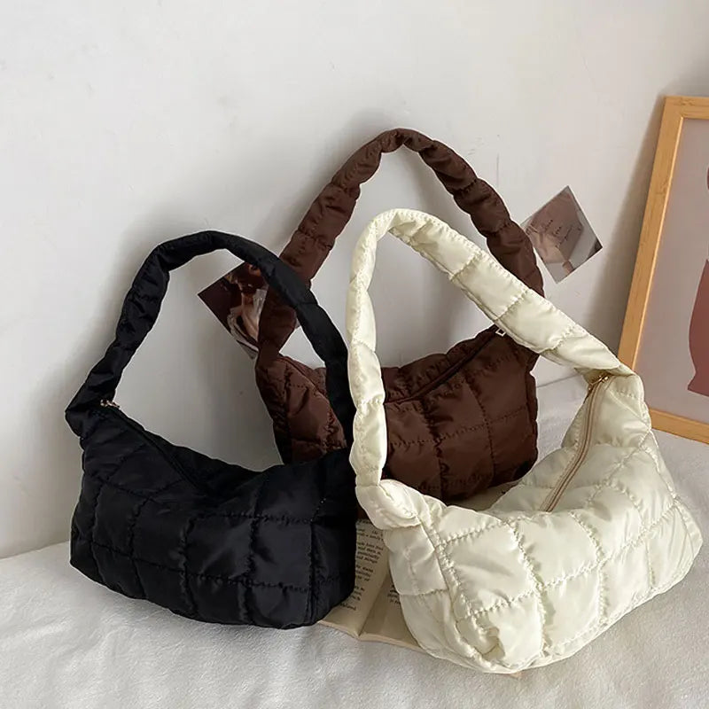 Lattice Pattern Shoulder Bags Space Cotton Handbag Women Small Fluffy Tote Pack