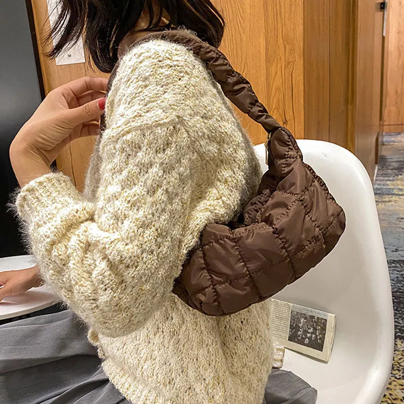 Lattice Pattern Shoulder Bags Space Cotton Handbag Women Small Fluffy Tote Pack