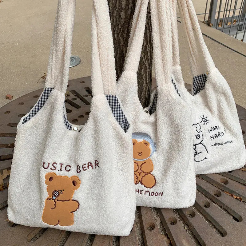 Soft Plush Tote Bag Female Cartoon Embroidery Lamb Hair Shoulder Bags