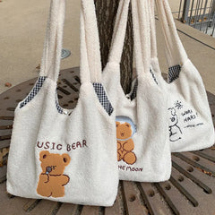 Soft Plush Tote Bag Female Cartoon Embroidery Lamb Hair Shoulder Bags