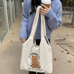 Soft Plush Tote Bag Female Cartoon Embroidery Lamb Hair Shoulder Bags