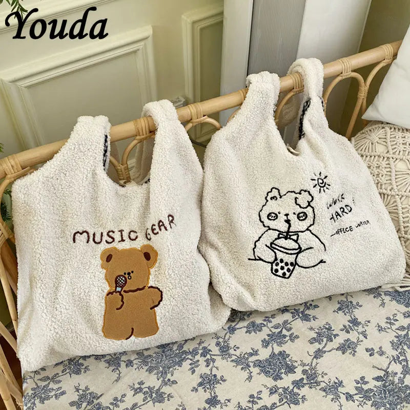Soft Plush Tote Bag Female Cartoon Embroidery Lamb Hair Shoulder Bags