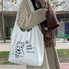 Soft Plush Tote Bag Female Cartoon Embroidery Lamb Hair Shoulder Bags