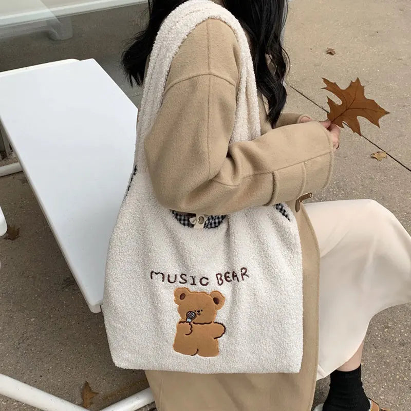 Soft Plush Tote Bag Female Cartoon Embroidery Lamb Hair Shoulder Bags