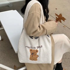 Soft Plush Tote Bag Female Cartoon Embroidery Lamb Hair Shoulder Bags