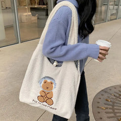 Soft Plush Tote Bag Female Cartoon Embroidery Lamb Hair Shoulder Bags