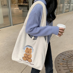 Soft Plush Tote Bag Female Cartoon Embroidery Lamb Hair Shoulder Bags