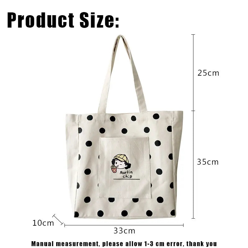 Women Canvas Shopping Bag Dots Bookbags Female Cotton Cloth Shoulder Bags
