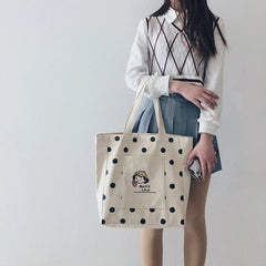 Women Canvas Shopping Bag Dots Bookbags Female Cotton Cloth Shoulder Bags