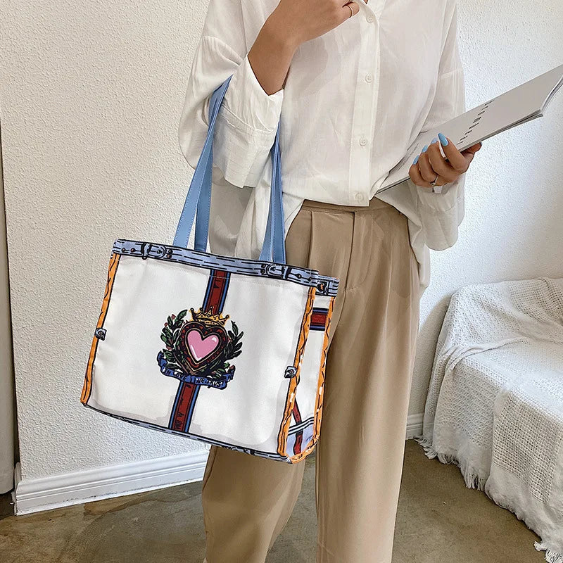 Cartoon Print Canvas Shoulder Bag for Women