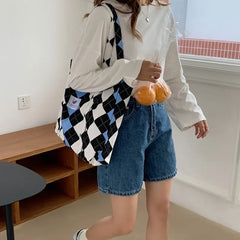 Canvas Shoulder Bag Women Large Tote Daily Shopping Contrast Books