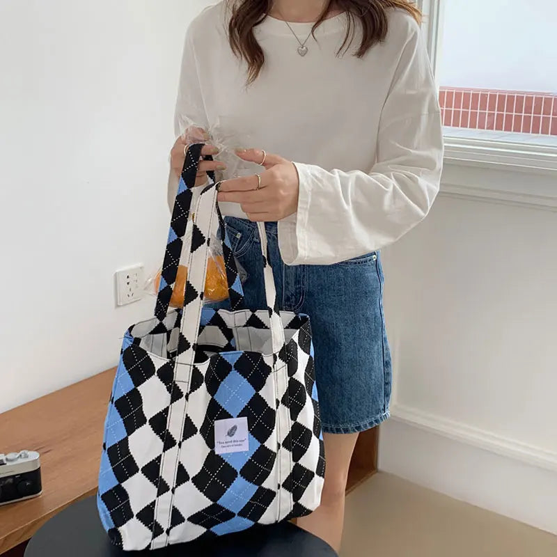 Canvas Shoulder Bag Women Large Tote Daily Shopping Contrast Books