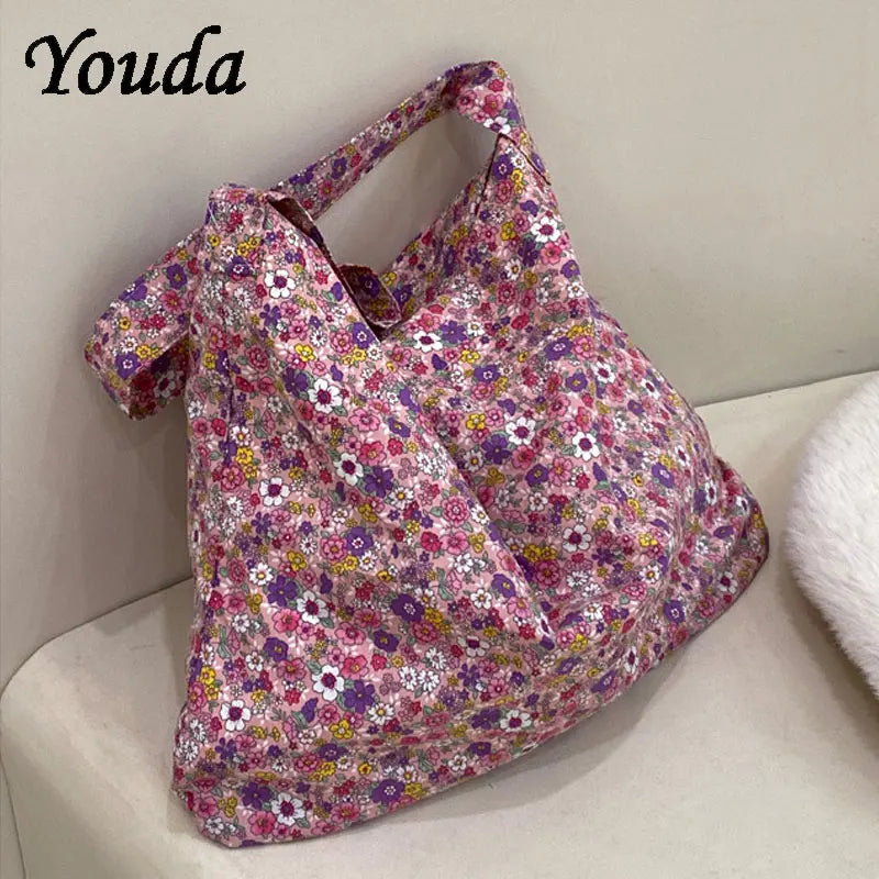 Floral Canvas Shoulder Bag for Women Retro Tote Handbag