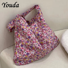 Floral Canvas Shoulder Bag for Women Retro Tote Handbag
