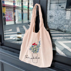 Corduroy Shopping Bag Female Canvas Shoulder Bags Flowers Handbag