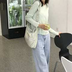 Women Flower Jacquard Messenger Bag Casual Tote School Shoulder B