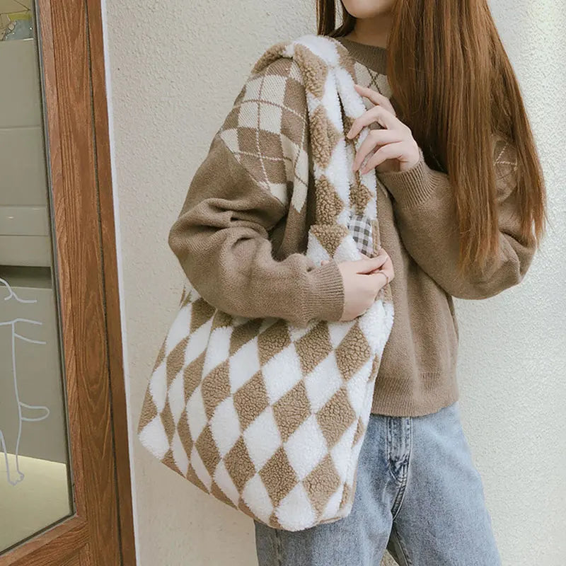 Women Lamb-Like Shoulder Bag Canvas Tote Winter Shopper Bag