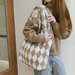 Women Lamb-Like Shoulder Bag Canvas Tote Winter Shopper Bag